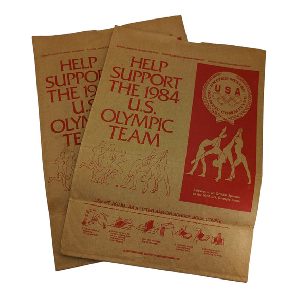 Vintage 1984 USA Olympic Team Safeway Grocery Store Large Brown Paper Bag Lot 2 - Picture 1 of 8